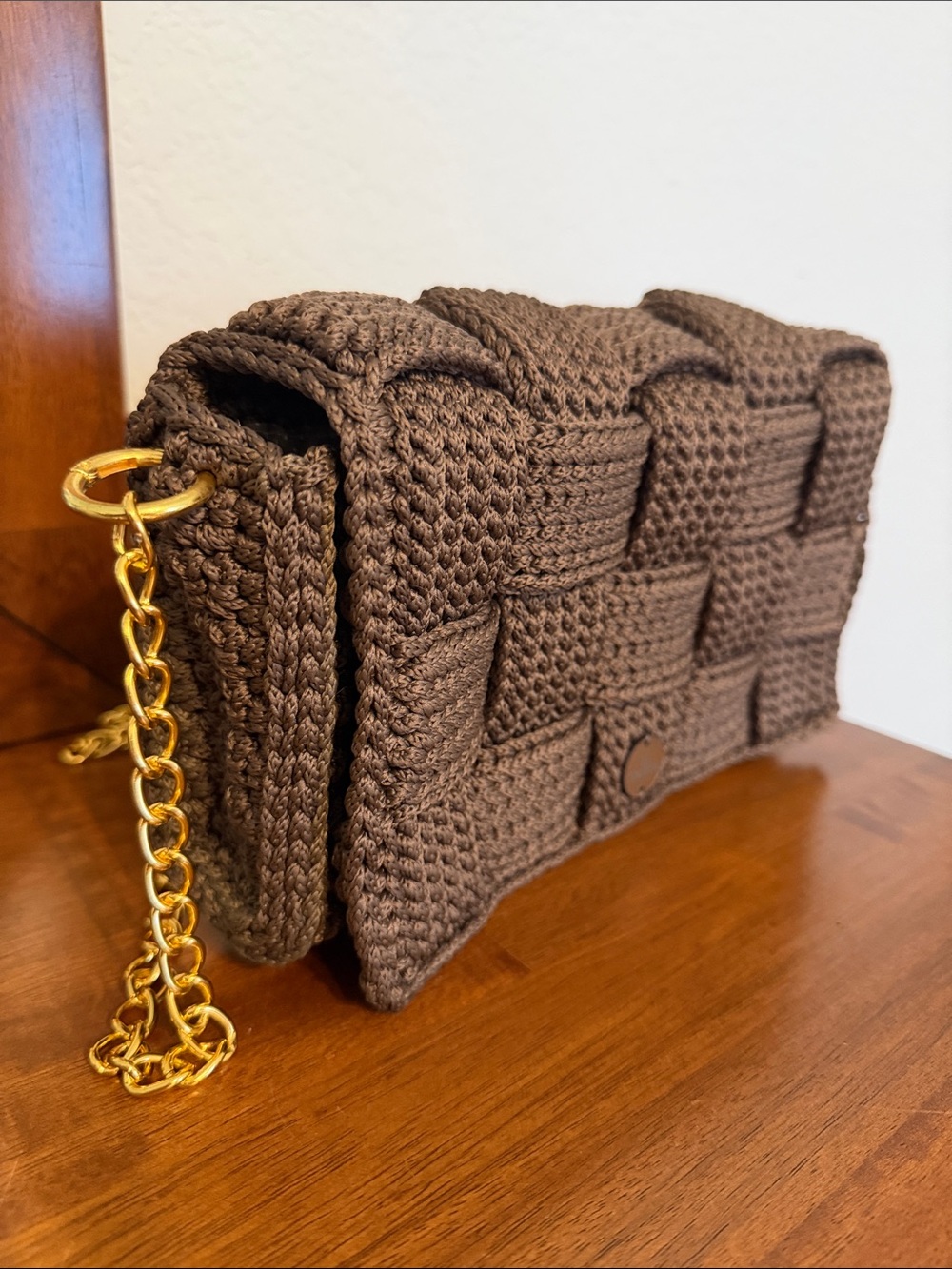 Handmade Woven Crochet Crossbody Bag - Brown and Golden Chain - Picture 2 of 15